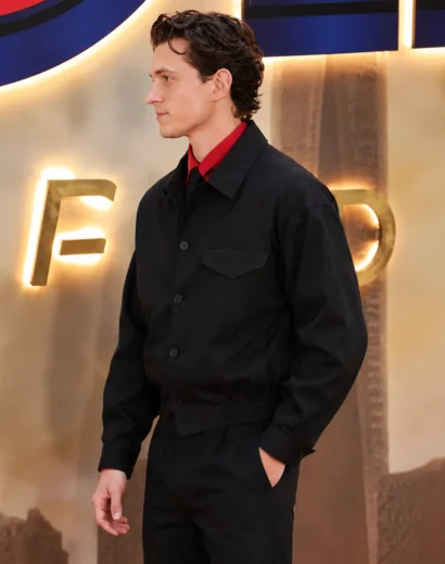 Side profile of the Photocall Brand Spider Man Tom Holland Jacket, showcasing the Spider-Man Brand New Day Tom Holland Black Jacket in a premium cotton finish.