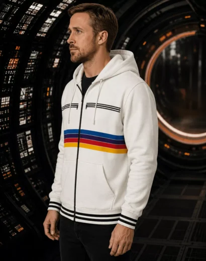 Left side profile of the Project Hail Mary 2026 Ryan Gosling Rainbow Stripe Hoodie featuring a premium men white jacket with hood and rainbow stripe design.