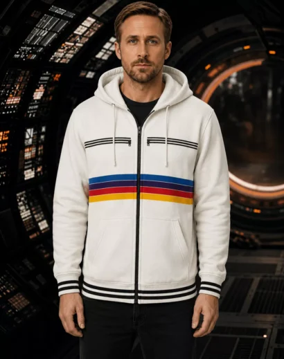 Front view of the Project Hail Mary Ryan Gosling Rainbow Stripe Zipper Hoodie, a white men fleece jacket with hood inspired by the 2026 movie.