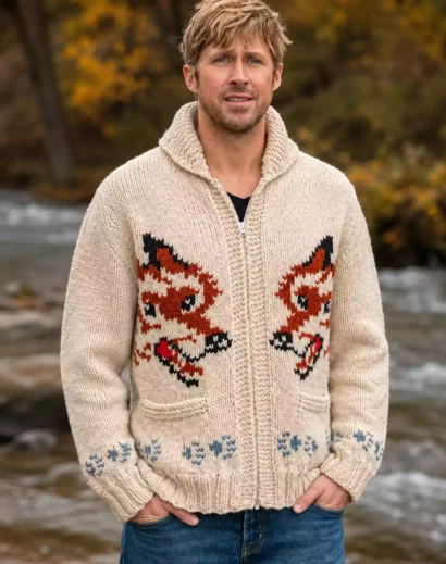Front view of the Project Hail Mary Ryan Gosling Wolf Cardigan featuring the iconic Ryan Gosling wolf sweater design from Project Hail Mary 2026.