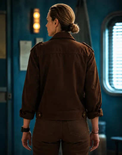 Back view of the Rebecca Ferguson Silo Jacket from Silo Season 01, highlighting the Juliette Nichols jacket crafted as a stylish women's brown cotton jacket with a clean back design.