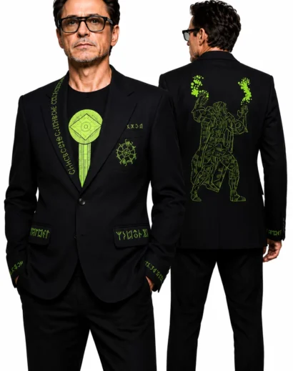 Portrait comparison showing front and back views of the San Diego Comic-Con 2026 Robert Downey Jr. Doomsday Blazer, highlighting the Comic-Con 2026 Robert Downey Jr. Suit, Robert Downey black blazer, and detailed back artwork.