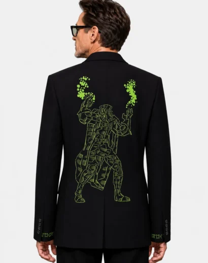 Back view of the Robert Downey Jr Doomsday coat featuring the bold Avengers-inspired graphic artwork on the Robert Downey Doomsday blazer with a tailored black finish.