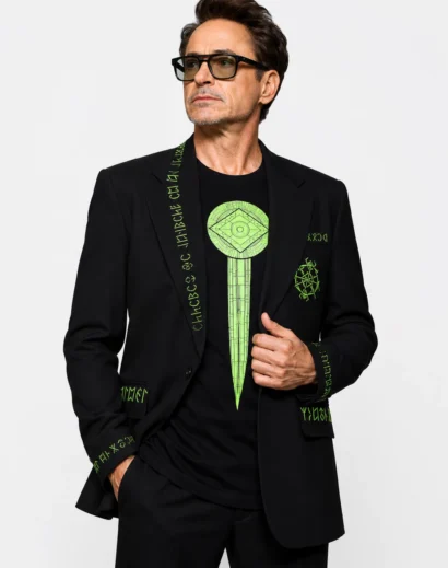 Front pose of the Robert Downey Jr Doomsday tuxedo with a buttoned black blazer, inspired by the San Diego Comic-Con 2026 Robert Downey Jr. Doomsday Blazer and Avengers Doomsday premiere style.