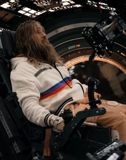 Ryan Gosling Rainbow Hoodie from Project Hail Mary featuring the iconic rainbow stripe zipper design, styled as a men fleece jacket with hood in a movie-inspired scene.