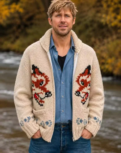 Ryan Gosling Wolf Cardigan with front zipper open, inspired by the Ryan Gosling Wolf Jacket worn in Project Hail Mary 2026.
