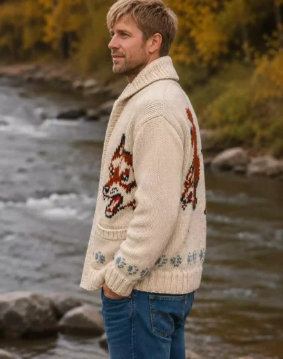 Left side profile of the Ryan Gosling Wolf Sweater showcasing the Project Hail Mary Ryan Gosling Wolf Cardigan knit design.