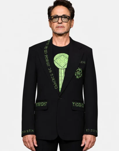 San Diego Comic-Con 2026 Robert Downey Jr. Doomsday Blazer front view featuring a black men blazer coat with neon green details inspired by the Robert Downey Jr Premiere Avengers Doomsday Black Suit.