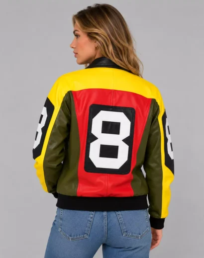 Back view of a woman wearing the David Puddy eight ball jacket with the iconic oversized 8 Ball design inspired by Seinfeld.