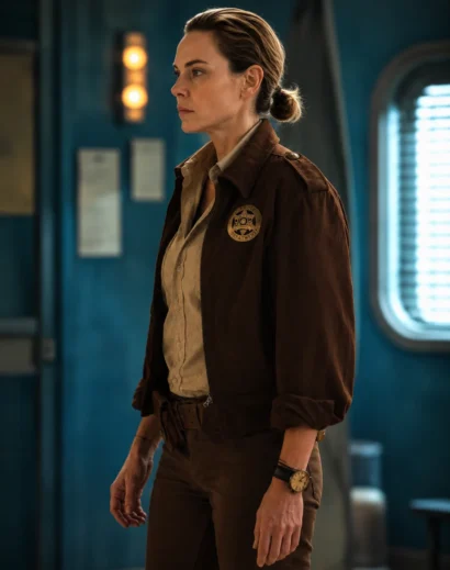 Left side profile of the Silo Season 01 Juliette Nichols Brown Jacket, showcasing the Rebecca Ferguson jacket with a classic women brown jacket design and premium cotton fabric.