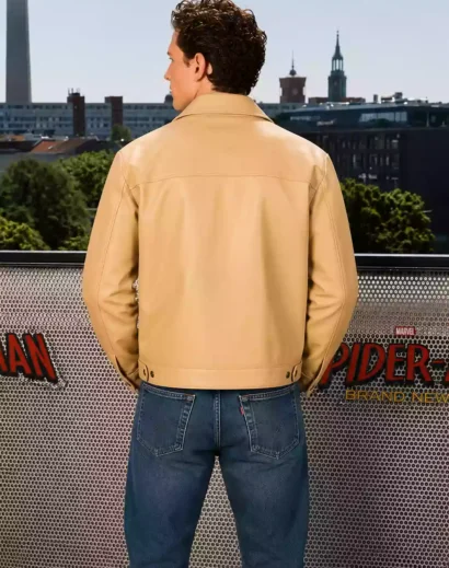 Spider-Man: Brand New Day Tom Holland Beige Leather Jacket back view, inspired by Tom Holland 2026 Movie Spider-Man: Brand New Day Peter Parker Beige Leather Jacket for men.