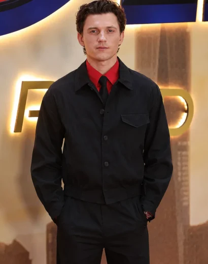 Spider-Man: Brand New Day Tom Holland Cotton Jacket front view featuring the iconic Photocall Brand Spider Man Tom Holland Jacket with a modern black design.