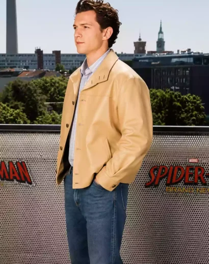 Spider Man Promo Tom Holland 2026 Tan Jacket left-side view inspired by Spider-Man: Brand New Day Promo 2026, crafted as a modern tan jacket mens style.