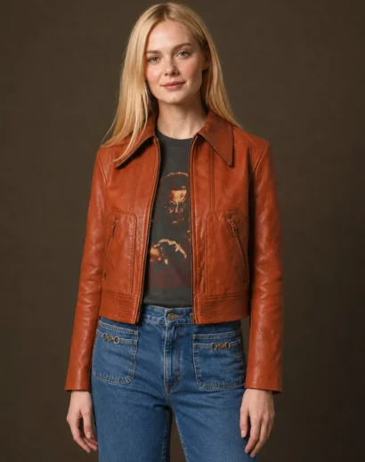 SXSW 2026 Elle Fanning Red Leather Jacket front view inspired by Margo’s Got Money Troubles Event. Women's cognac brown leather jacket with vintage design, perfect as a brown leather jacket women, jacket for women, and women's cafe racer leather jacket.