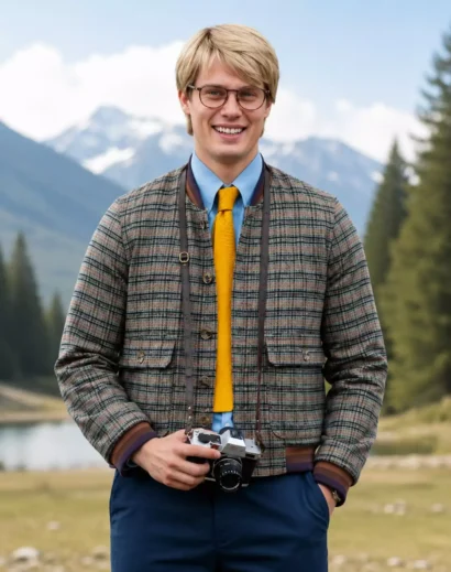 The Sheep Detectives Elliot Matthews Wool Jacket front view featuring a premium plaid design, full zipper closure, and classic styling. This men wool jacket is perfect as a winter wool jacket for men.