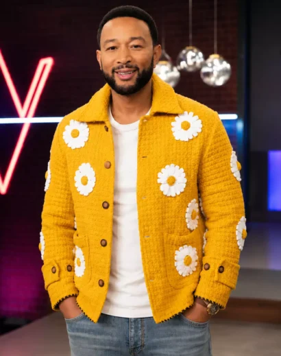 The Voice S27 John Legend Yellow Daisy Applique Jacket front view featuring a mustard yellow floral applique design inspired by John Legend's iconic TV show style.