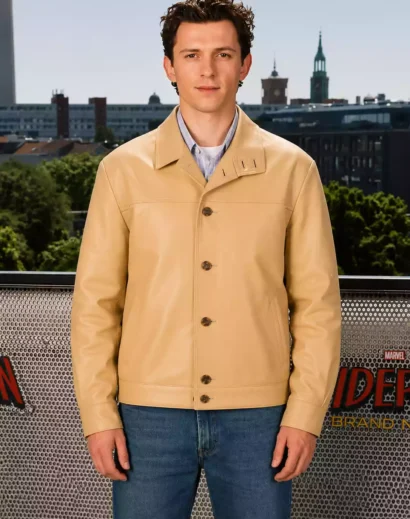Spider Man Brand New Day Promo 2026 Tom Holland 2026 Tan Leather Jacket close front view featuring a premium men tan leather jacket with men's cafe racer leather jacket and men biker leather jacket styling.