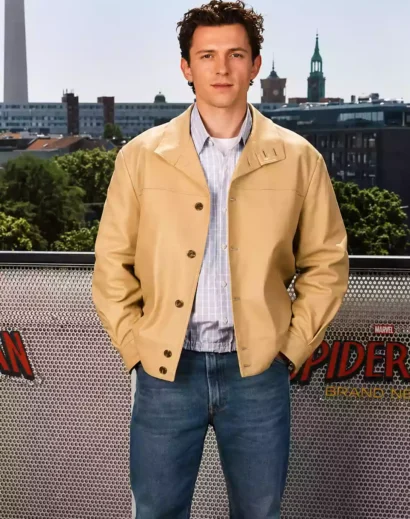 Tom Holland Berlin Beige Jacket front view from Spider-Man: Brand New Day Berlin Promo, featuring a premium men leather jacket in a stylish tan finish.