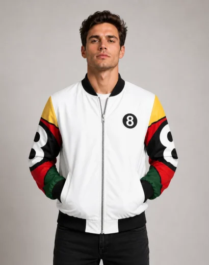 Men wearing a white 8 Ball bomber jacket front view featuring a vintage retro streetwear design by Skinoutfits.