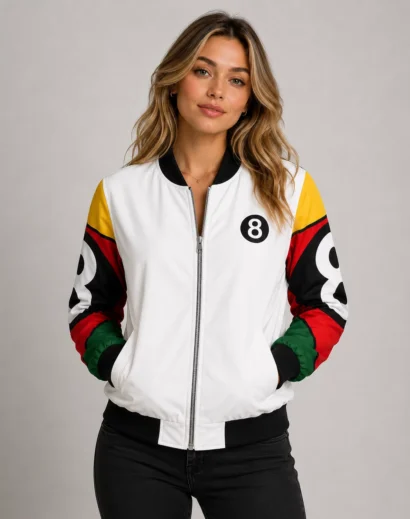 Woman wearing a white 8 Ball jacket front view with a vintage bomber style and bold retro graphic by Skinoutfits.