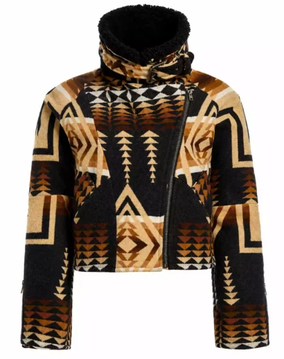 Women's Aztec Print Wool Jacket with a classic aviator silhouette, inspired by Beth Dutton's Yellowstone ranch style.