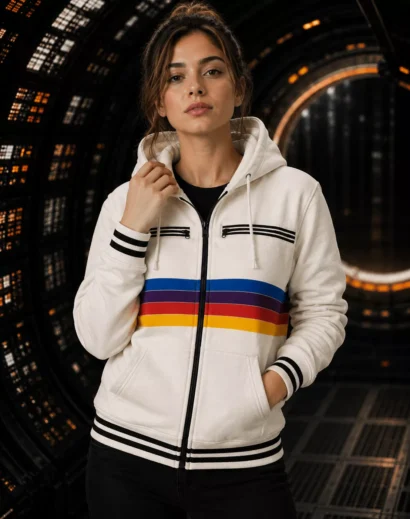 Women's Project Hail Mary Ryan Gosling Rainbow Stripe Zipper Hoodie, a stylish women fleece jacket with hood and women white jacket inspired by the Ryan Gosling rainbow bomber jacket.