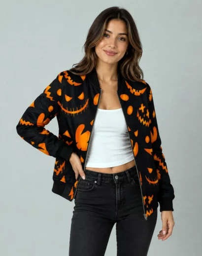 Woman wearing a black bomber jacket women style with Halloween pumpkin graphics, ideal for halloween outfits women and seasonal parties