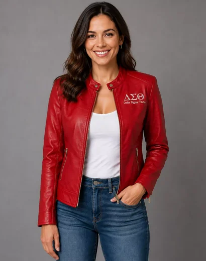 Women's Delta Sigma Theta jacket in crimson red leather, featuring embroidered Greek-letter detailing, front zipper, and fitted biker design.