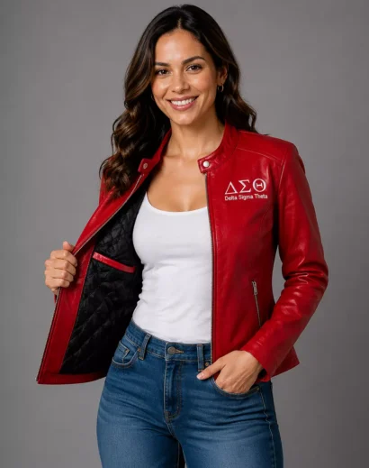 Delta Sigma Theta sorority apparel jacket showing its black quilted interior lining, red leather exterior, zipper closure, and premium construction.