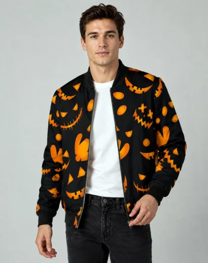 Men's halloween bomber jacket worn open over a white shirt, featuring orange pumpkin patterns and a black bomber jacket men style
