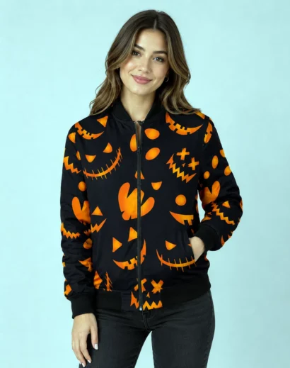 Women's halloween jacket women's style featuring a black bomber jacket with bright orange pumpkin graphics for Halloween outfits women