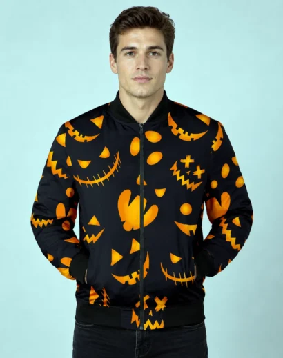 Halloween Pattern Pumpkins Bomber Jacket styled as a black halloween jacket men can wear for Halloween outfits and casual fall looks