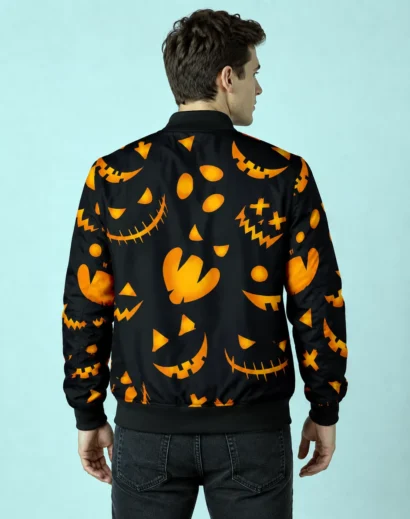 Back view of a Halloween Pattern Pumpkins Bomber Jacket with orange pumpkin graphics, suitable for halloween outfits men and women