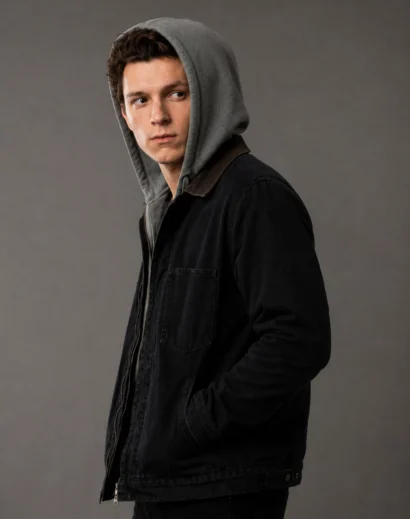 Hooded denim jacket men left side profile showing a black denim jacket with hoodie, cotton denim jacket men design with a streetwear urban fashion look.