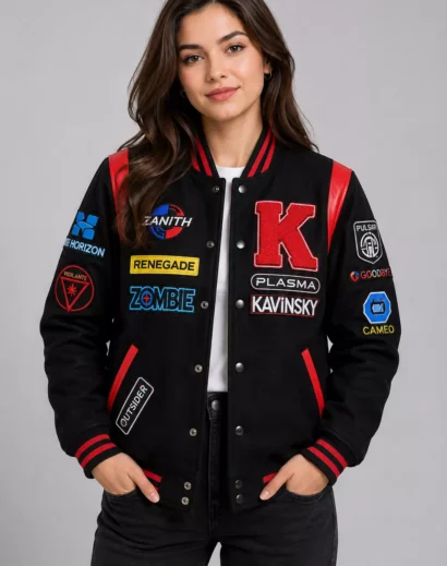 Kavinsky Reborn black bomber jacket for women, retro synthwave letterman coat with black and red details