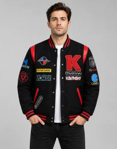 Kavinsky Reborn black varsity jacket for men, embroidered patch letterman jacket with retro synthwave style