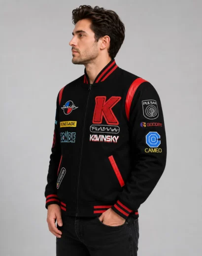 Kavinsky Reborn bomber jacket in black and red, cyberpunk outrun streetwear racing jacket for men