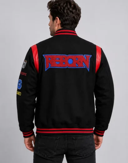 Kavinsky Reborn Synthwave Letterman Jacket, black wool bomber jacket with embroidered patches and Y2K style