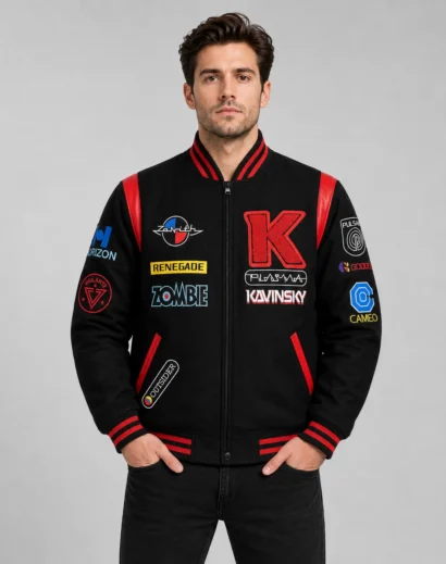 Kavinsky Reborn Varsity Jacket for Men in black and red, retro synthwave letterman bomber jacket