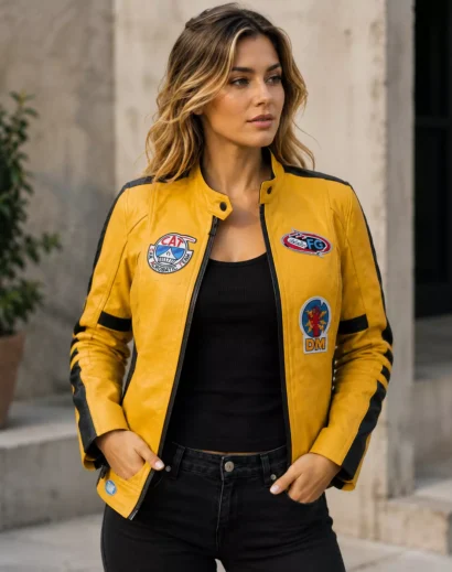 Kill Bill (Movie 2003) The Bride Yellow Motorcycle Jacket in leather