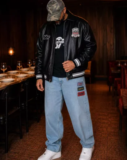 Men's Avirex Leather Bomber Jacket in premium black leather with varsity-inspired embroidery and ribbed cuffs. This Avirex Vintage Jacket and Avirex Racing Jacket style combines the timeless baseball leather jacket look with an urban leather varsity jacket silhouette.