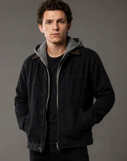 Men's Black Denim Jacket with Gray Hoodie front view featuring a black trucker jacket with removable hood, inspired by the Spider Man Brand New Day Jacket and Peter Benjamin Parker style.