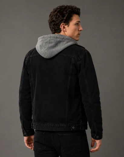 Men's black trucker jacket with hood back view featuring a black denim jacket with gray hoodie, removable hood denim jacket inspired by Peter Benjamin Parker.