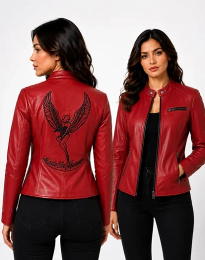 Women’s RE2 Claire Red Leather Biker Jacket shown in front and back views, highlighting the red leather finish, fitted biker silhouette and detailed back design for gaming cosplay.