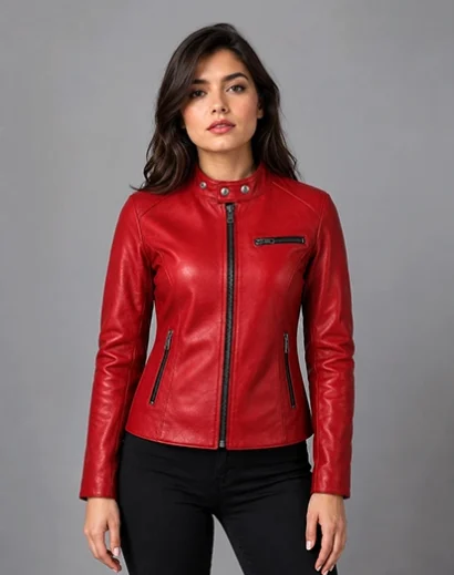 RE2 Claire Red Leather Biker Jacket handmade women’s gamer style, featuring a fitted red leather design with snap collar, front zipper and pockets, ideal for Resident Evil cosplay and gaming outfits.