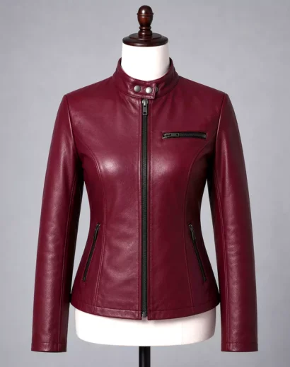 RE2 Claire Red Leather Biker Jacket front view on mannequin, handmade women’s gamer style with zip closure, snap collar and fitted silhouette