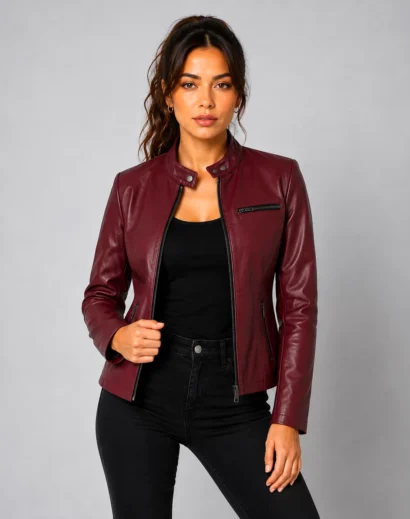 RE2 Claire Red Leather Biker Jacket worn by a woman, featuring fitted red leather styling, zippered pockets and women’s gamer cosplay design