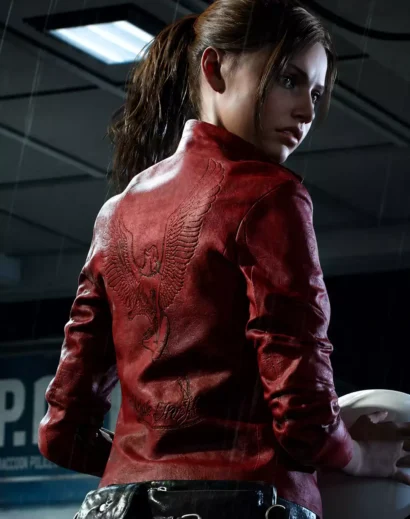 RE2 Claire red leather jacket in a cinematic Resident Evil inspired setting, showcasing the winged back graphic and women’s gamer cosplay style, ideal for Halloween and gaming events.