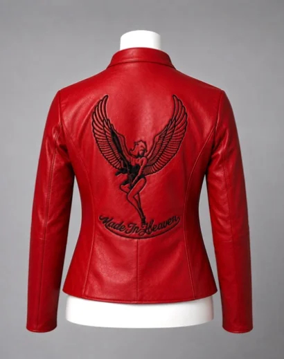 RE2 Claire red leather jacket back view featuring a bold winged graphic and Made In Heaven detail, inspired by Claire Redfield and Resident Evil 2 cosplay.