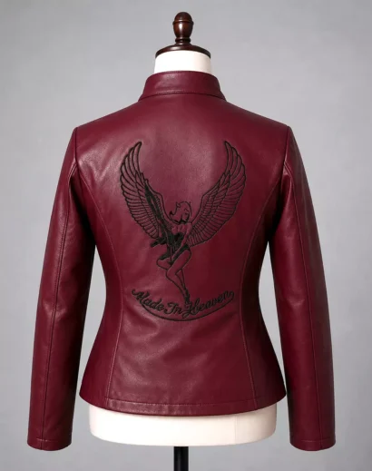 RE2 Claire red leather biker jacket back view on mannequin, featuring detailed winged graphic and fitted women’s leather jacket design